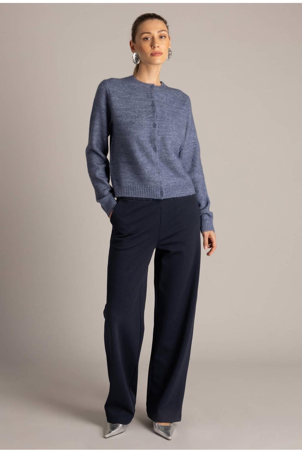 Blauwe dames Yest gebreid vest met effen, lange mouwen, ronde hals en knoopsluiting