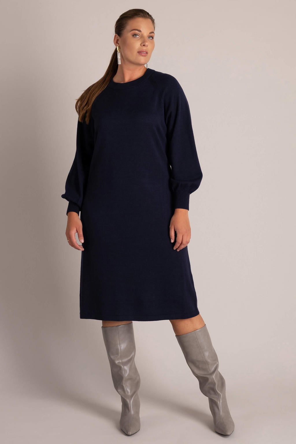 Yest Curve Plus Size gebreide midi jurk met ceintuur - donkerblauw