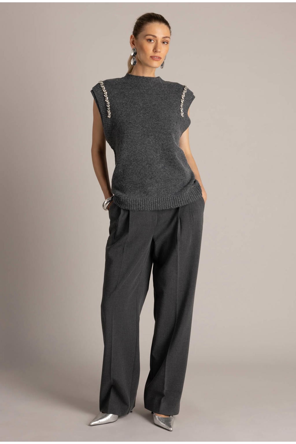 Yest top met strass-steentjes - grijs