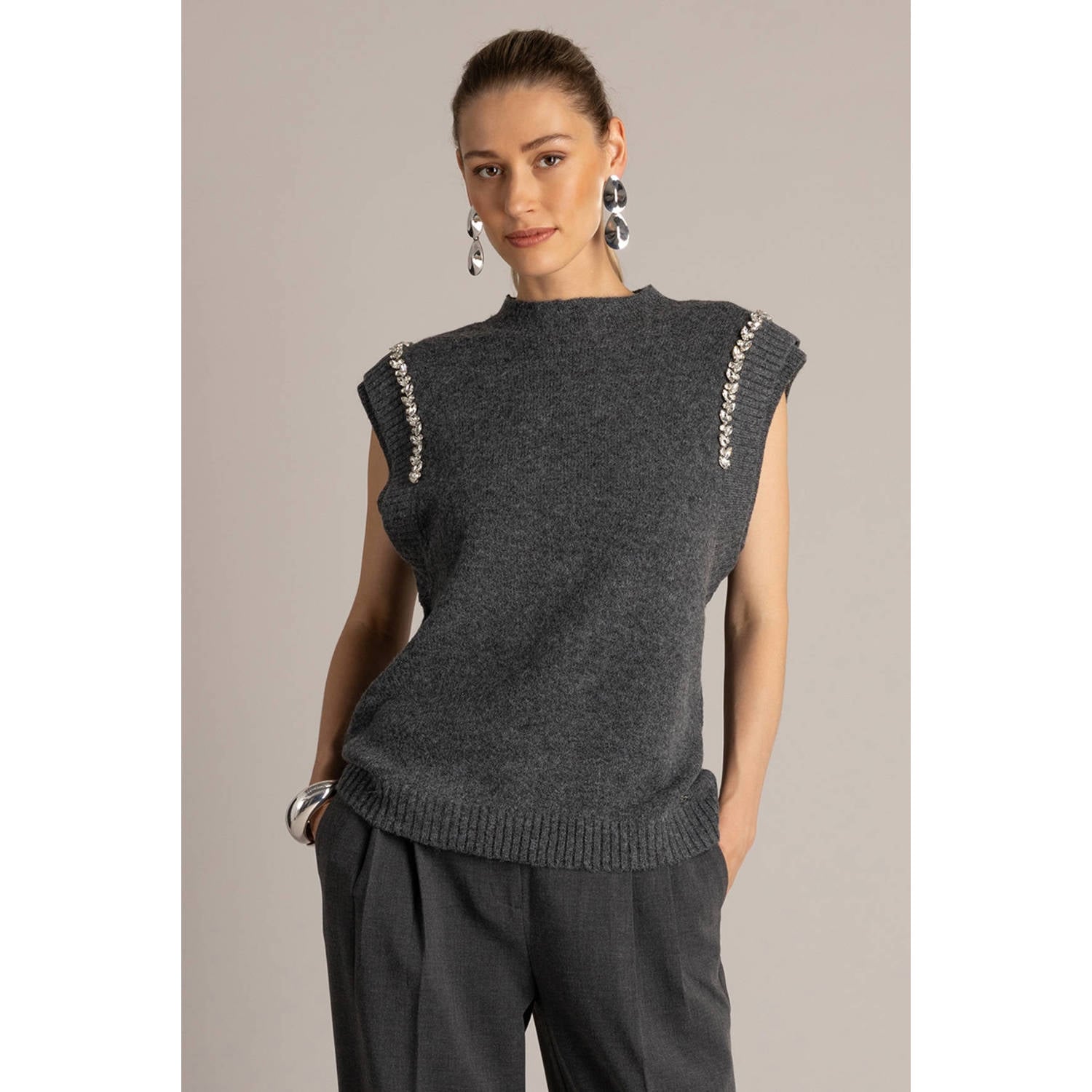 Yest top met strass-steentjes grijs