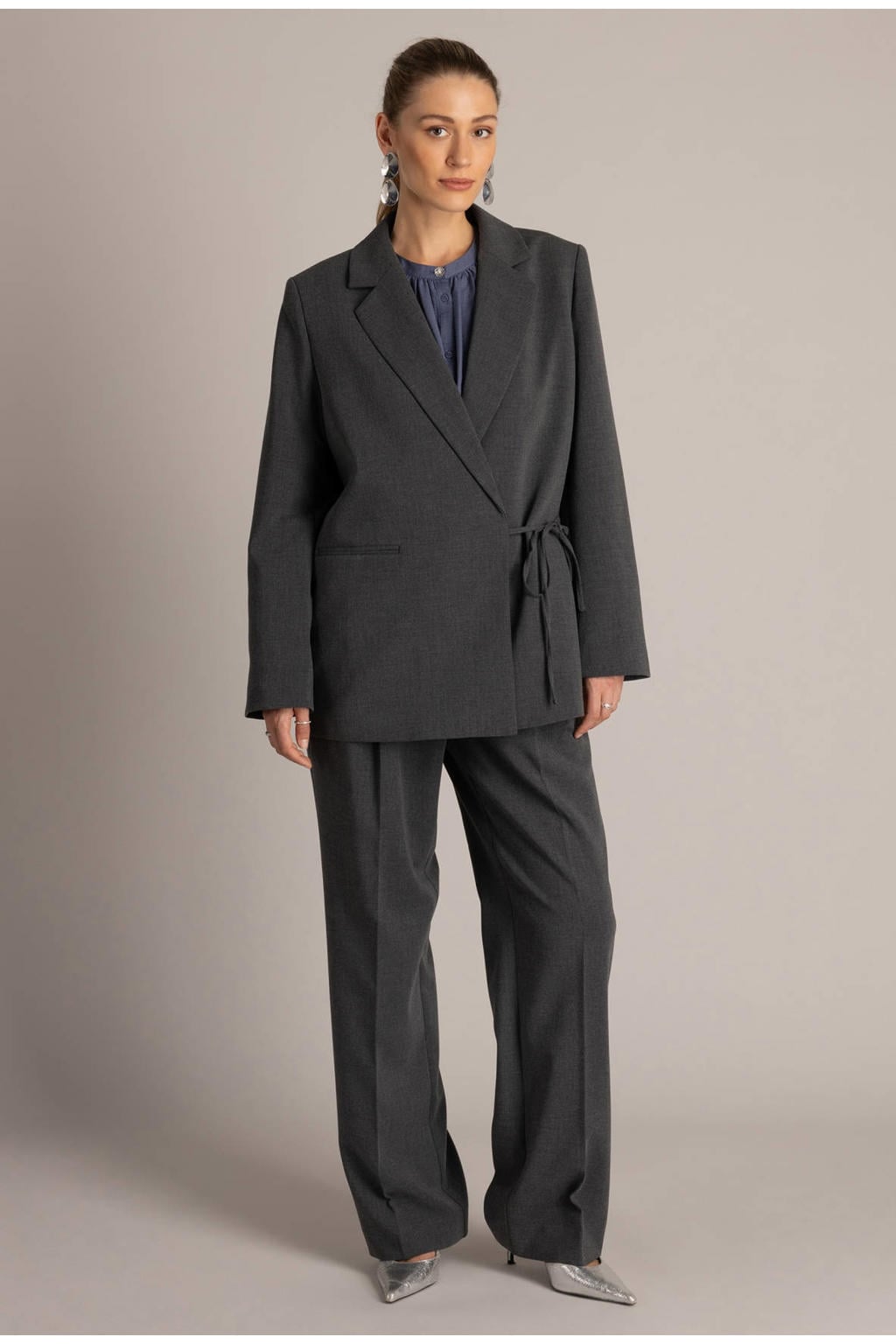 Grijze dames Yest wide leg broek met rits- en knoopsluiting en effen