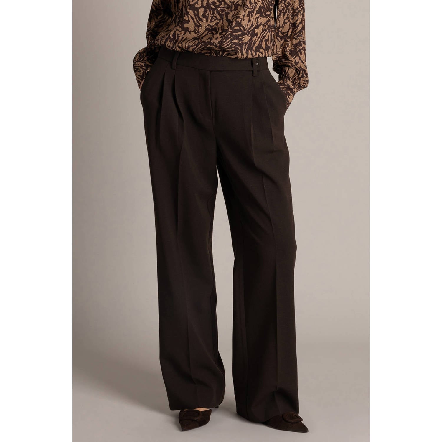 Yest wide leg broek met plooien bruin