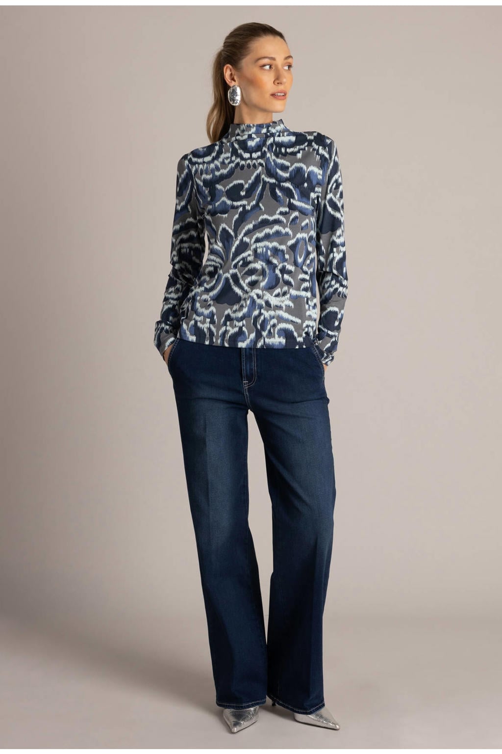 Yest top met print - grijs/blauw