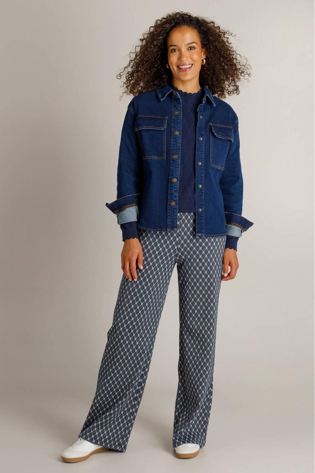 Dark blue denim dames Ivy Beau blouse van denim met effen, lange mouwen, klassieke kraag en knoopsluiting