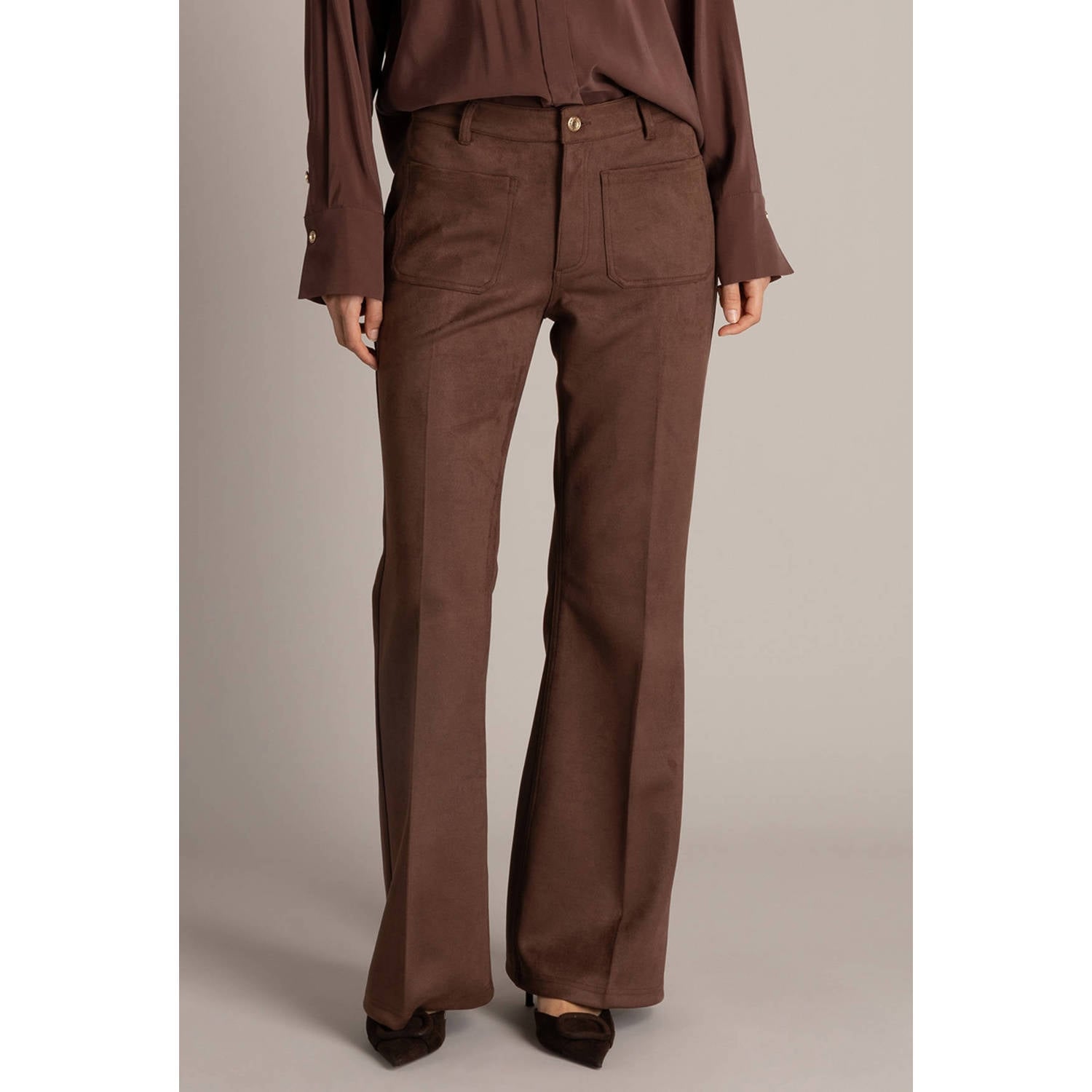 Yest suèdelook regular waist flared broek bruin