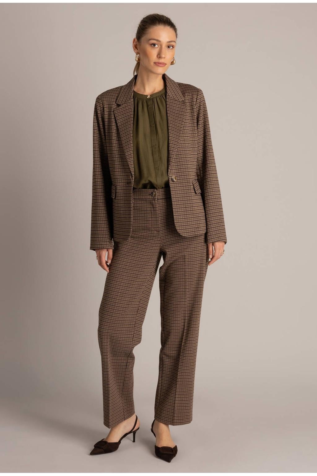 Bruine dames Yest geruite blazer met lange mouwen, reverskraag en knoopsluiting
