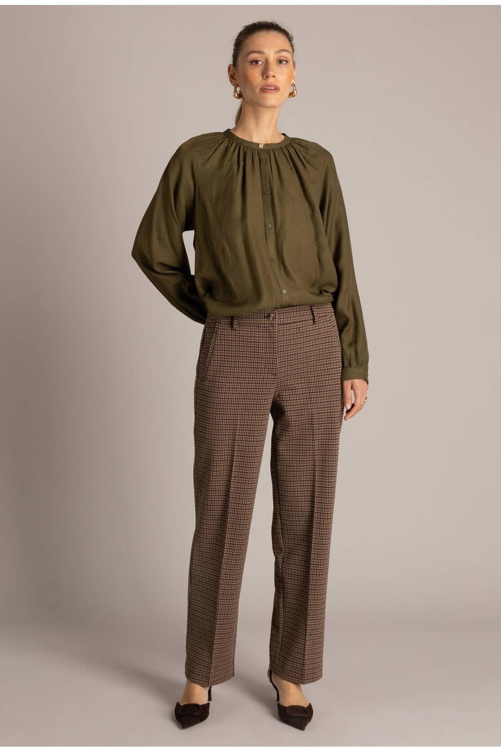 Bruine dames Yest regular fit geruite pantalon