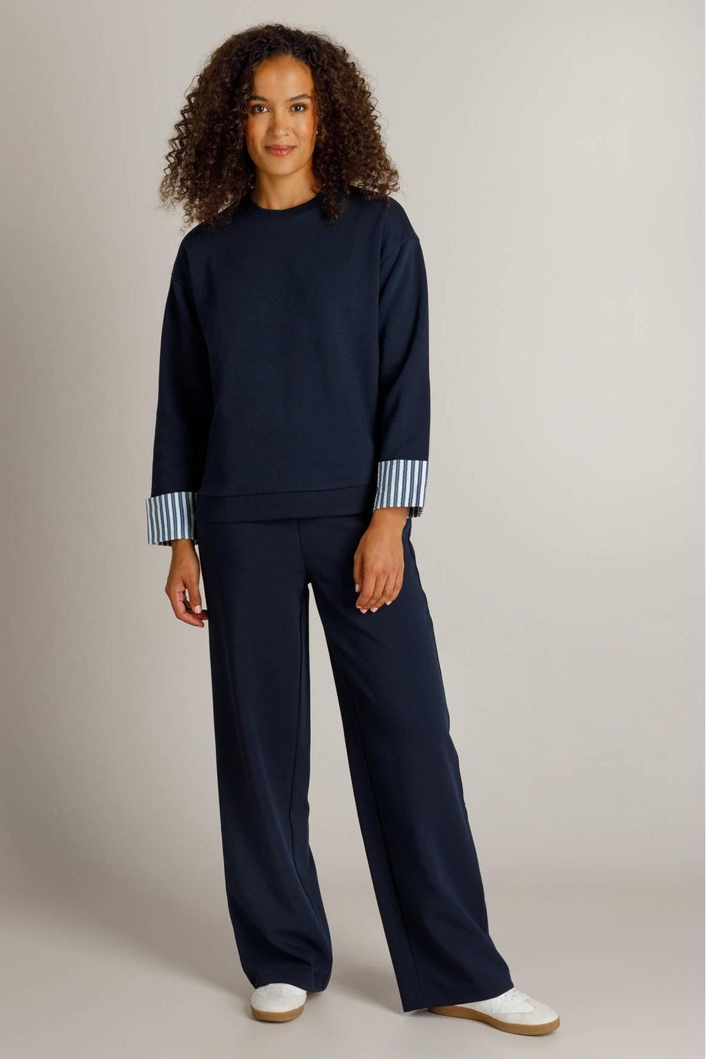 Donkerblauw en ecru dames Ivy Beau sweater van katoen met strepenprint, lange mouwen, ronde hals en omslagdetail