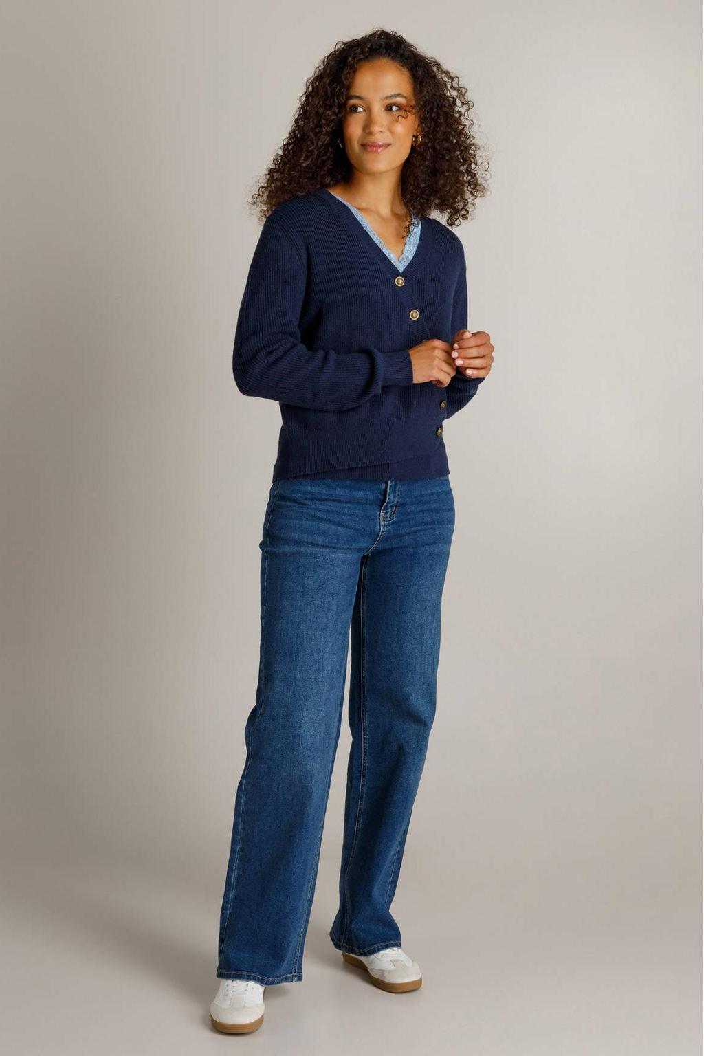 Donkerblauwe dames Ivy Beau gebreide trui van viscose met effen, lange mouwen, V-hals, knoopsluiting en knoopdetail