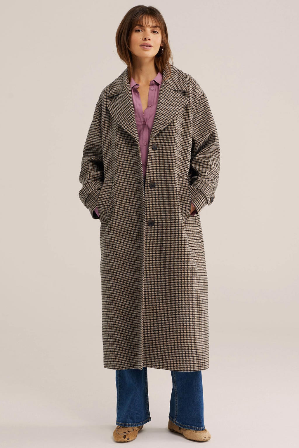 WE Fashion geruite manteljas met ceintuur en wol - bruin