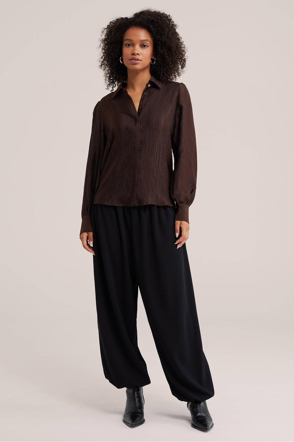 Bruine dames WE Fashion blouse van viscose met effen, lange mouwen, klassieke kraag en knoopsluiting