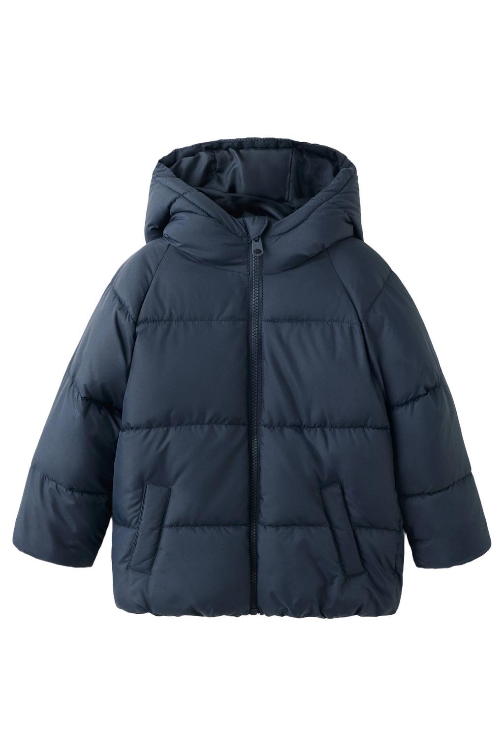 Marineblauw jongens Mango Kids gewatteerde winterjas blauw van polyester met effen, lange mouwen, capuchon en ritssluiting