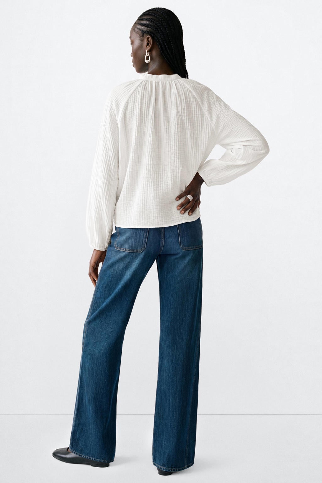 Witte meisjes MANGO TEEN blousetop van viscose met effen, lange mouwen en V-hals
