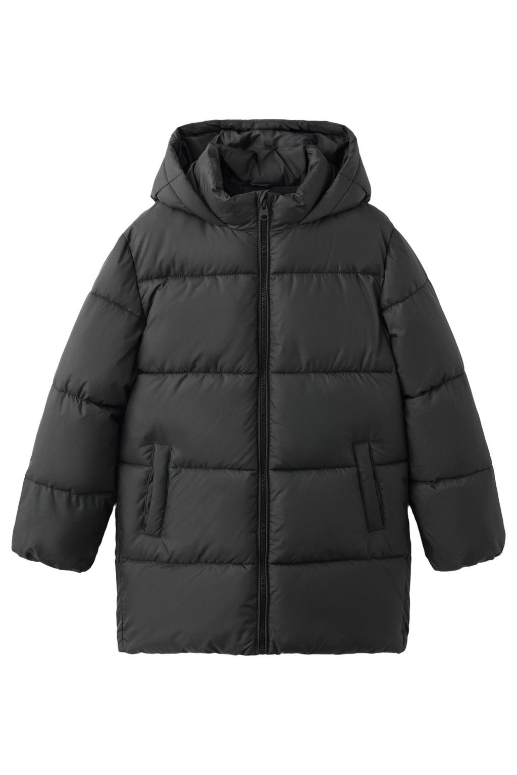 Zwarte jongens Mango Kids gewatteerde jas van polyester met effen, lange mouwen, capuchon en ritssluiting