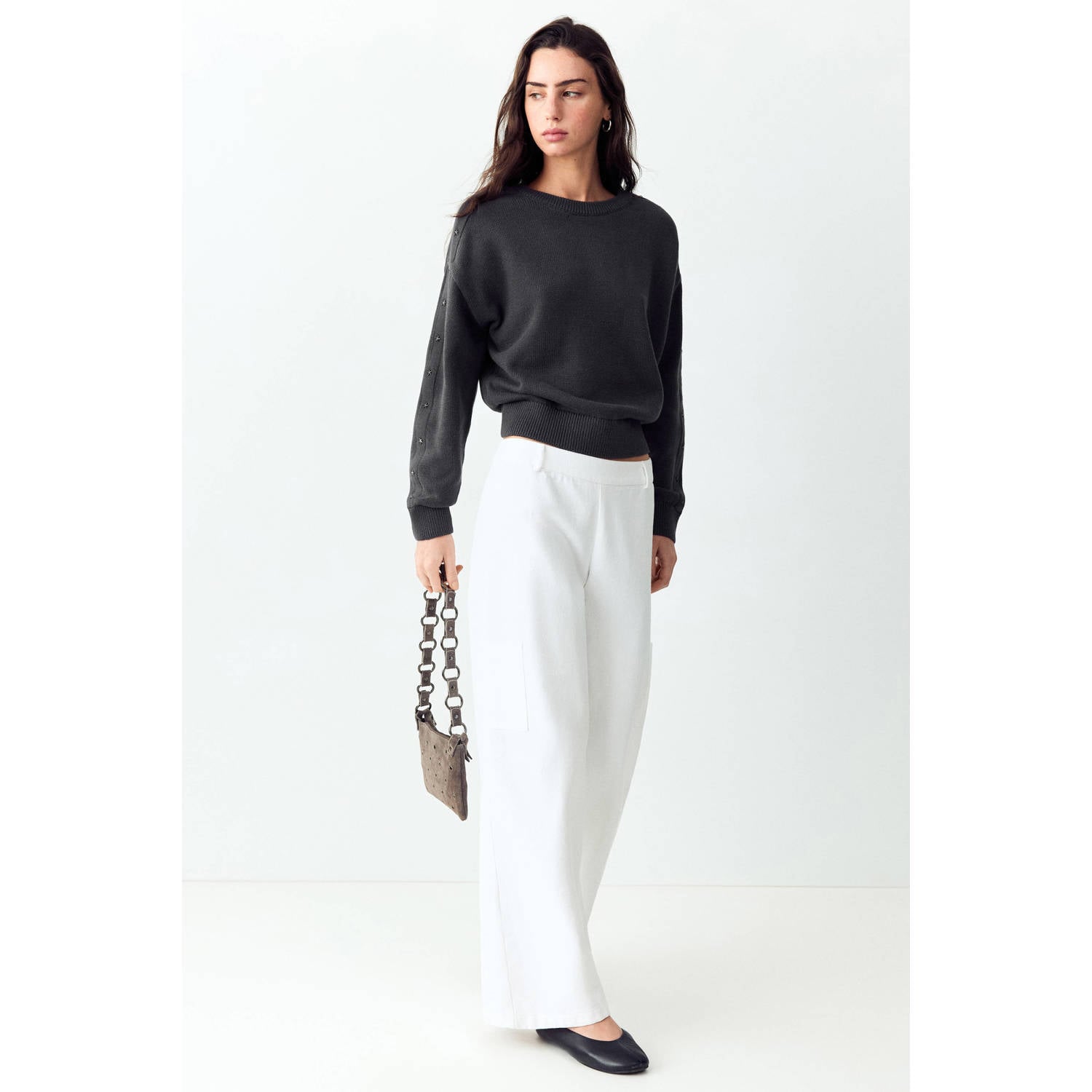 MANGO TEEN katoenen gebreide trui met studs antraciet