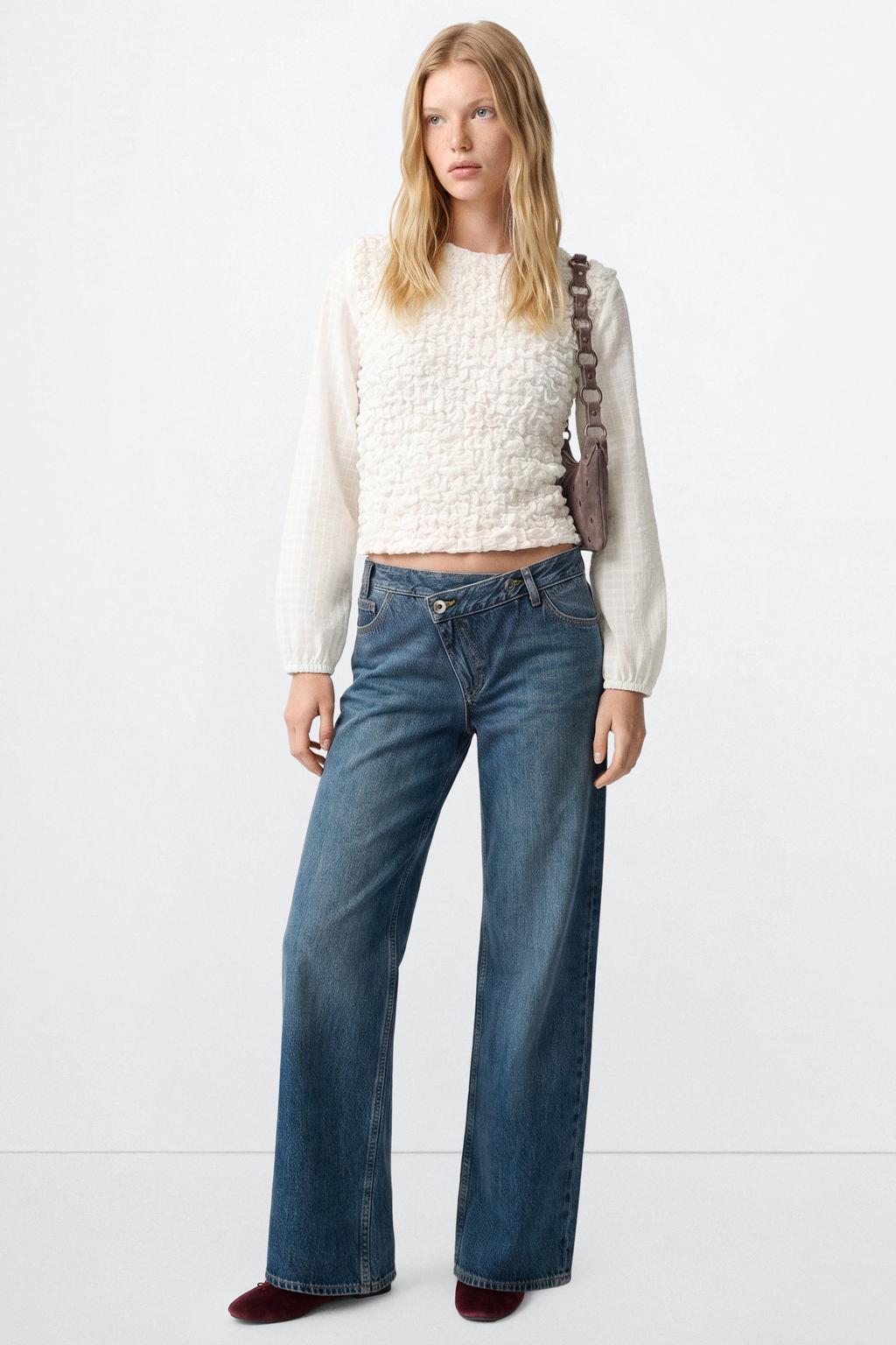 Ecru meisjes MANGO TEEN blousetop van katoen met effen, lange mouwen, ronde hals en textuur