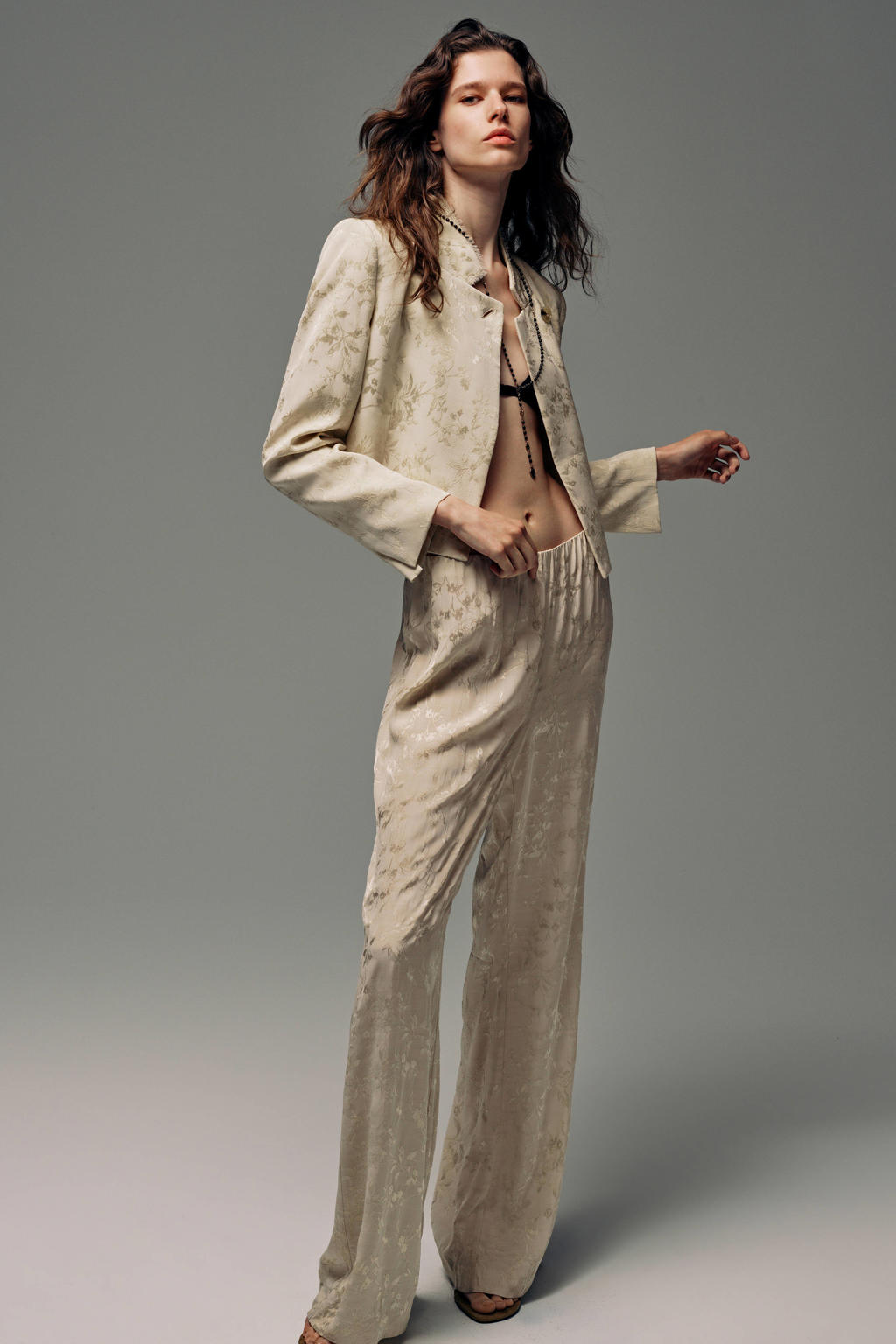Beige dames Mango wide leg jacquard broek van viscose met effen
