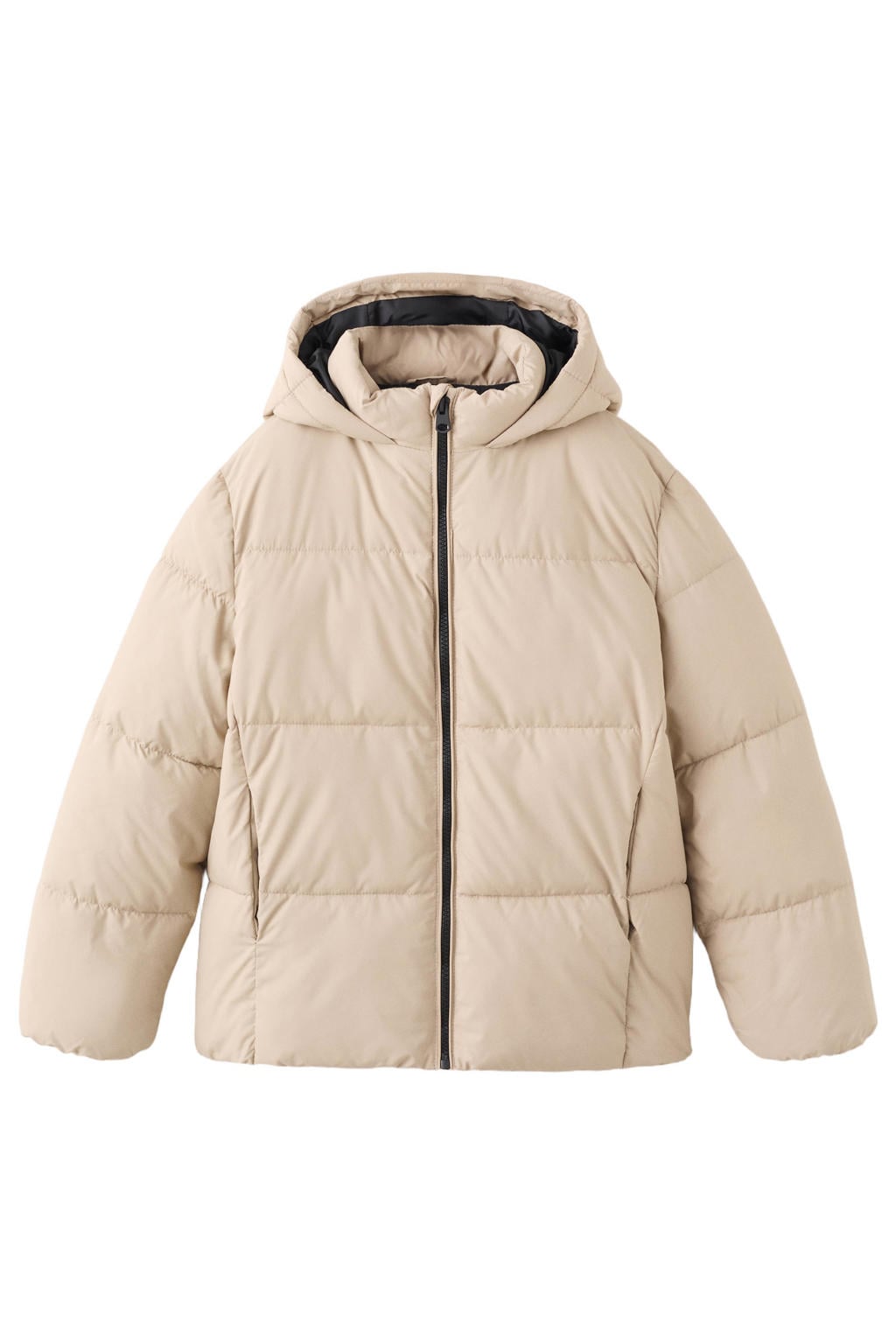 Beige jongens Mango Kids gewatteerde winterjas van polyester met effen, lange mouwen, capuchon en ritssluiting