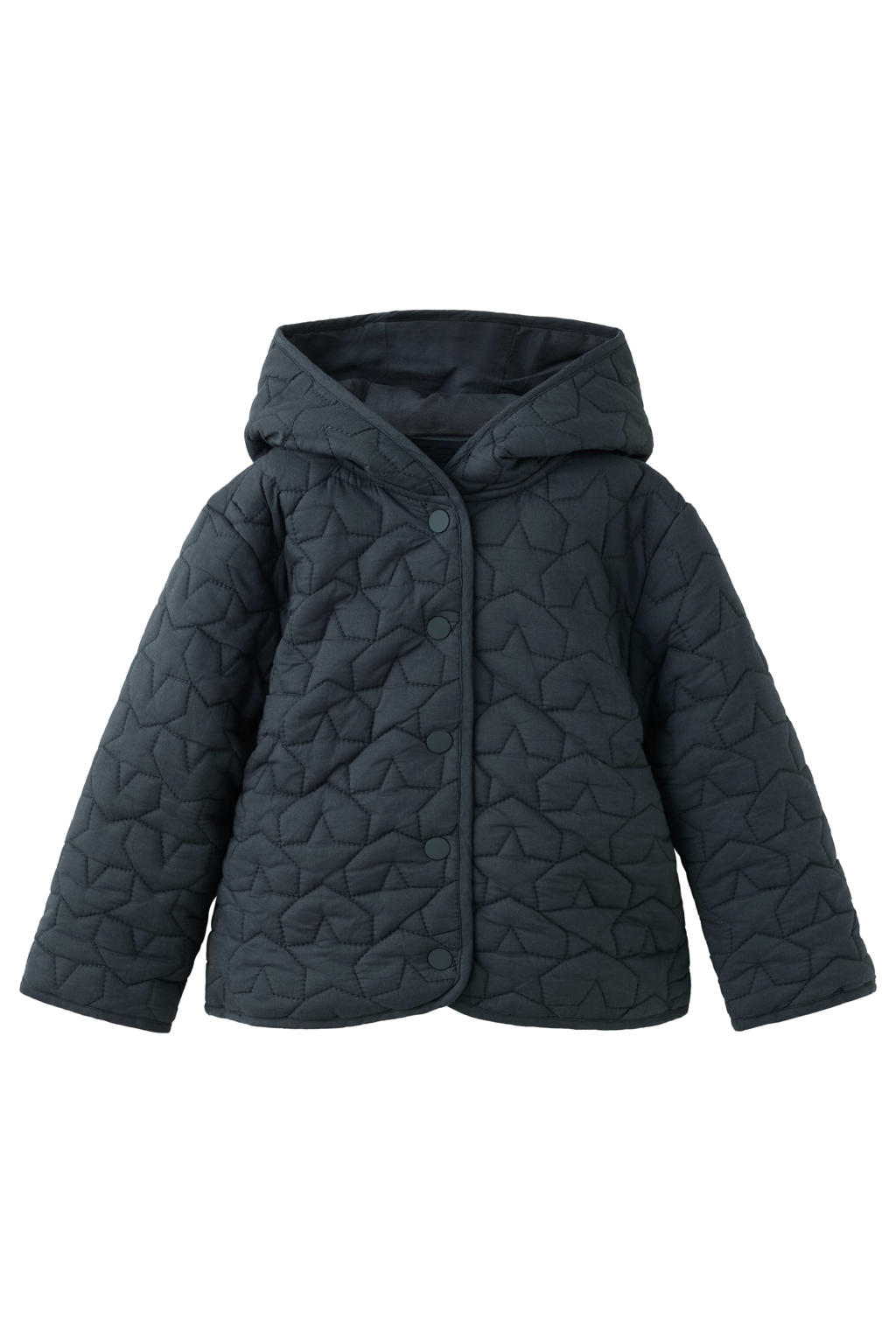 Marineblauw jongens Mango Kids katoenen quilted tussenjas blauw met sterrenprint, lange mouwen, capuchon, drukknoopsluiting en doorgestikte details
