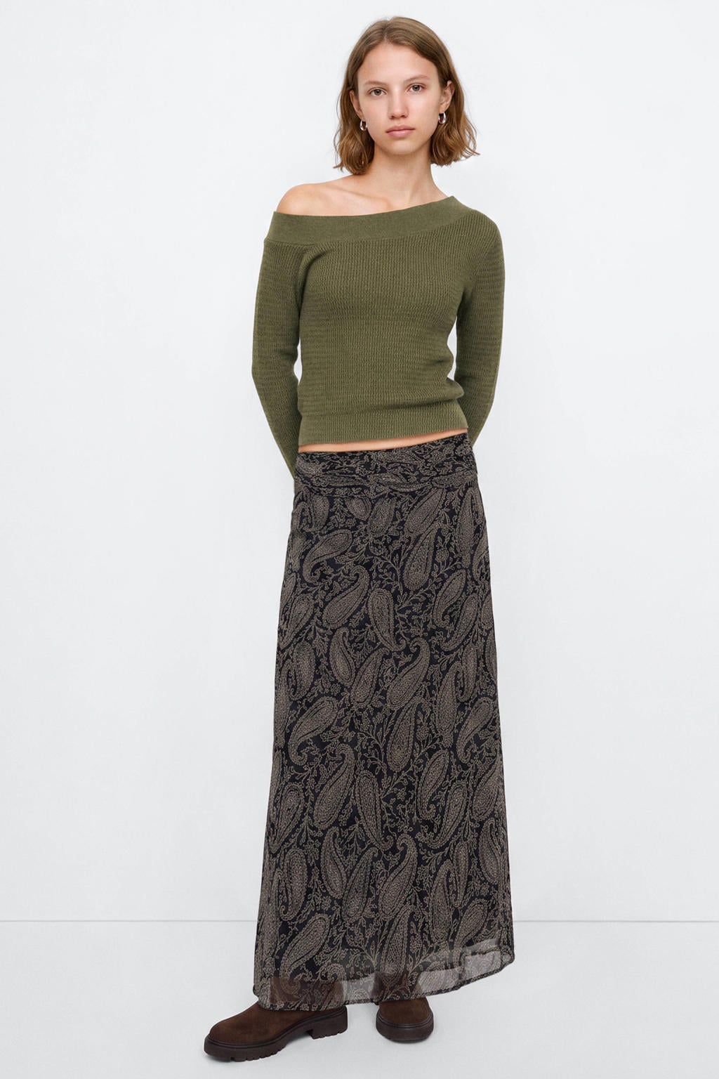 Olijfgroene meisjes MANGO TEEN one shoulder gebreide top met effen en lange mouwen