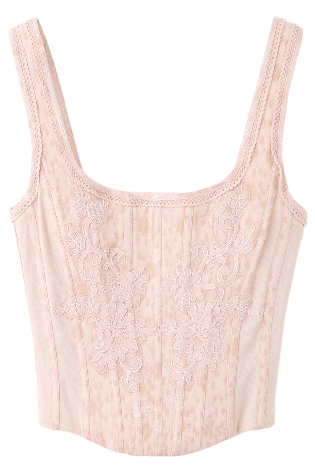 Lichtroze dames Mango gebloemde jacquard top van viscose met ronde hals en borduursels