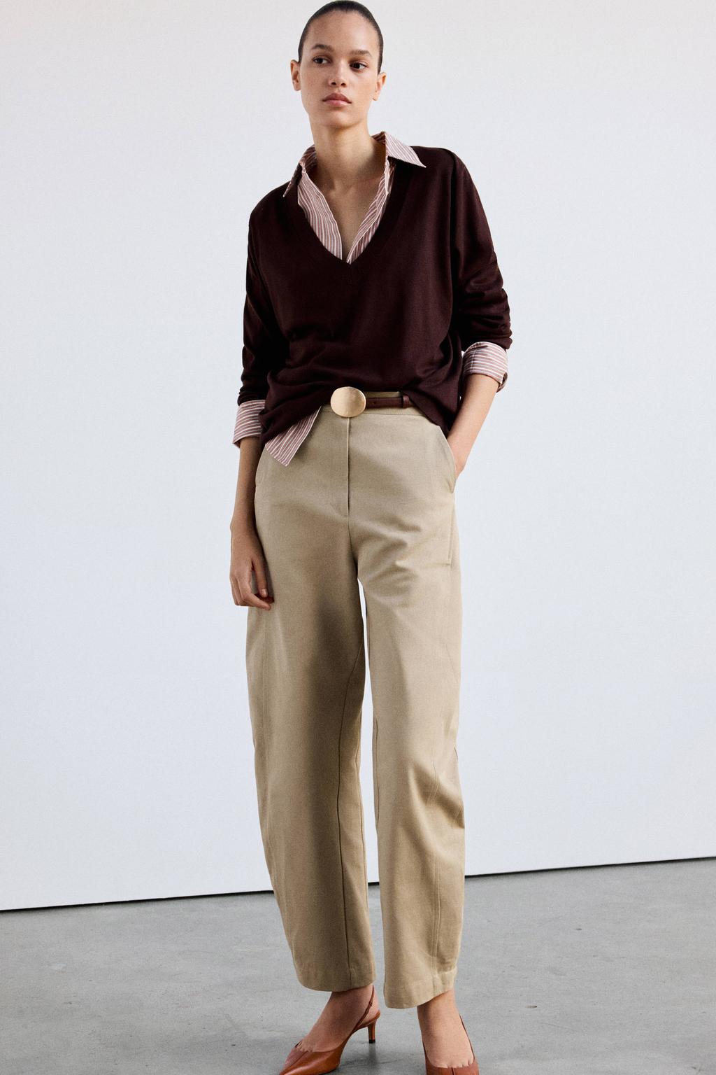 Beige dames Mango barrel high waist broek van katoen met rits- en knoopsluiting en effen
