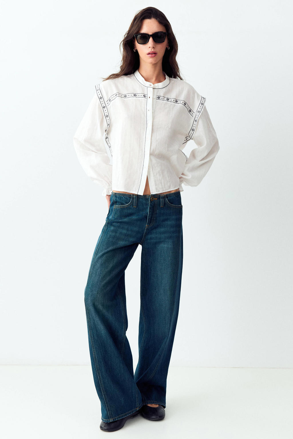 Witte meisjes MANGO TEEN blouse van katoen met effen, lange mouwen, ronde hals, knoopsluiting en borduursels
