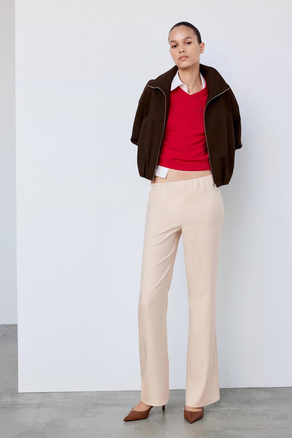 Beige dames Mango wide leg broek met effen