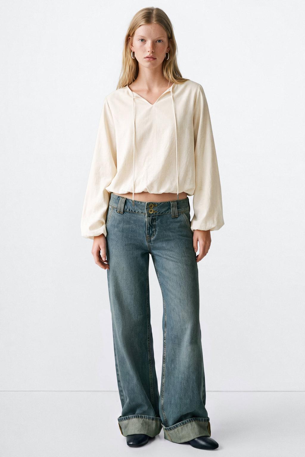 Beige meisjes MANGO TEEN blousetop van viscose met effen, lange mouwen en V-hals