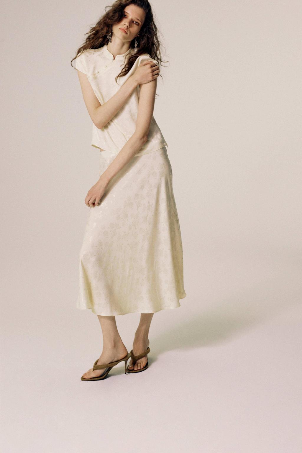 Ecru dames Mango jacquard midi rok gemaakt van viscose en met elastische tailleband