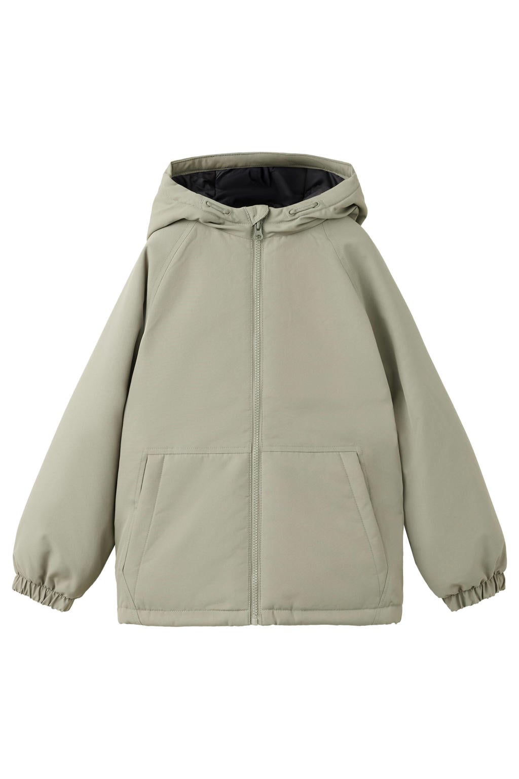 Kakikleurige jongens Mango Kids gewatteerde winterjas van polyester met effen, lange mouwen, capuchon en ritssluiting