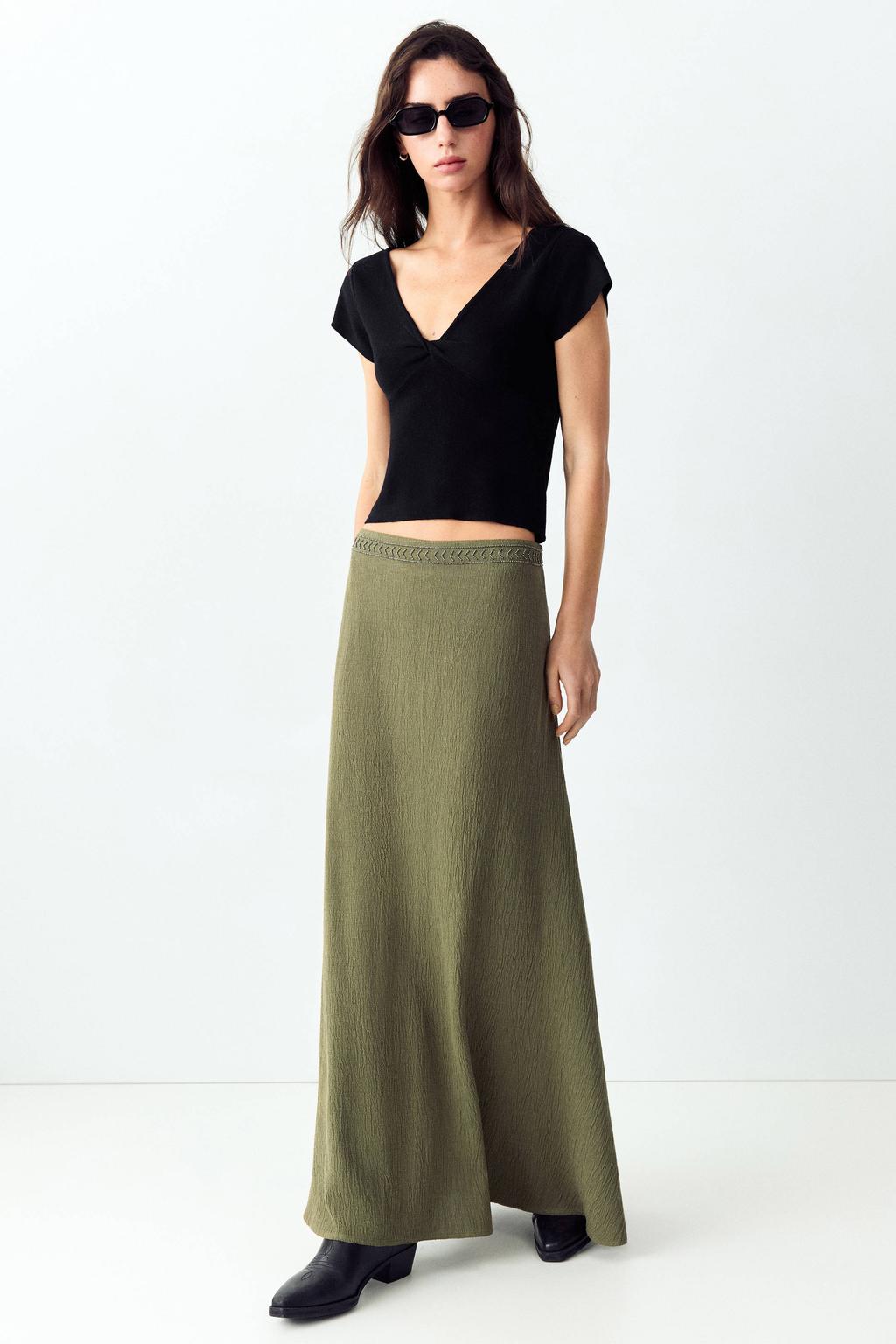 Kakikleurige meisjes MANGO TEEN maxi rok met borduursels gemaakt van viscose