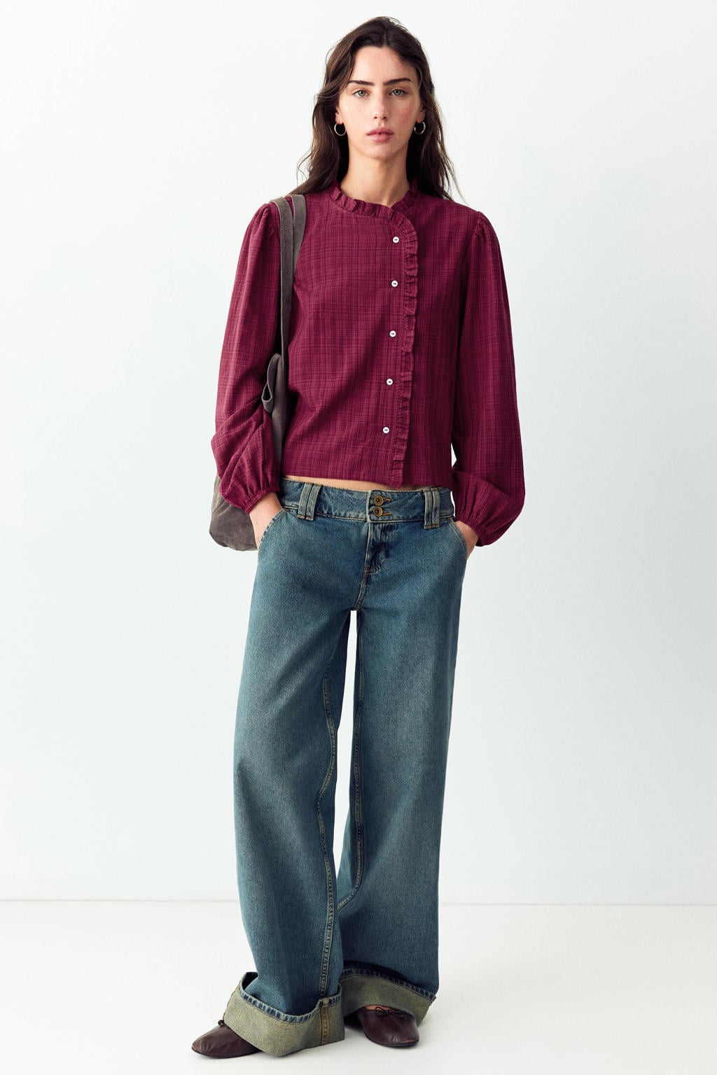 Donkerrode meisjes MANGO TEEN geruite blouse van katoen met lange mouwen, opstaande kraag, knoopsluiting en ruches