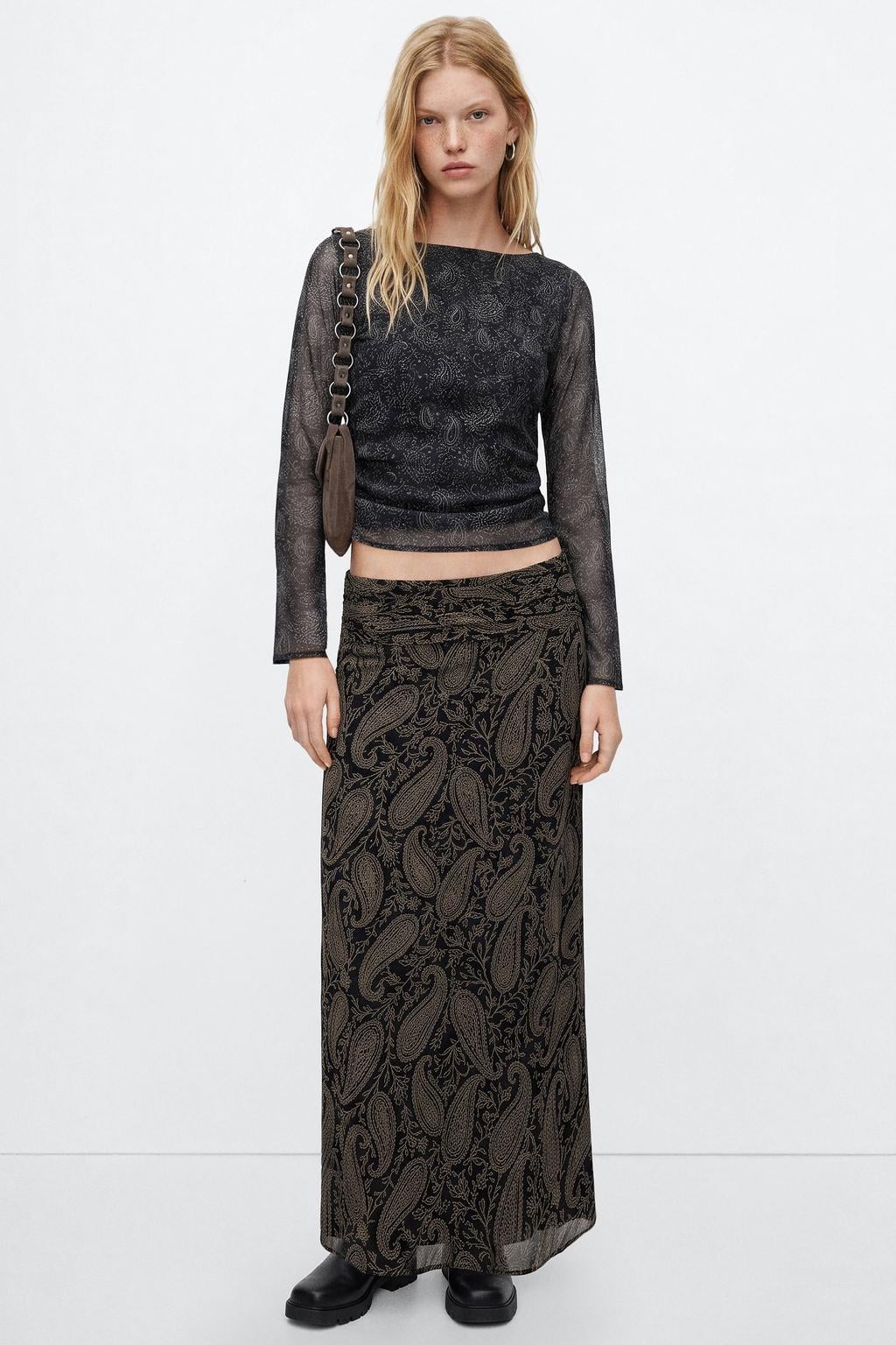 MANGO TEEN cropped blousetop met paisley - zwart/wit