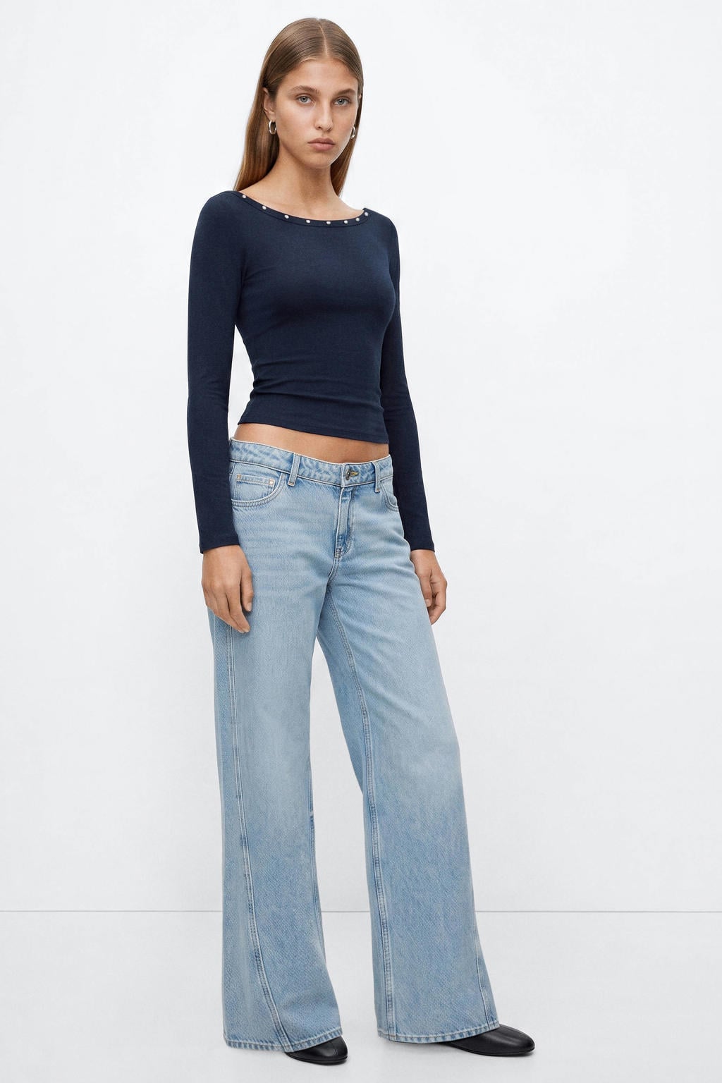 Marineblauw meisjes MANGO TEEN longsleeve blauw van katoen met effen, lange mouwen, boothals en studs
