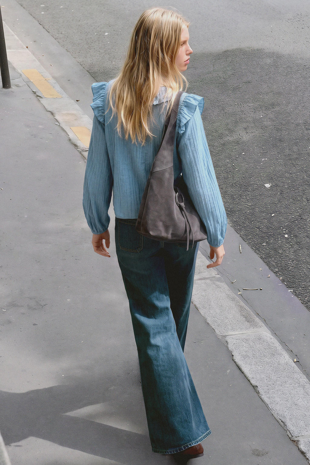 Blauwe meisjes MANGO TEEN blousetop van viscose met effen, lange mouwen, V-hals en ruches