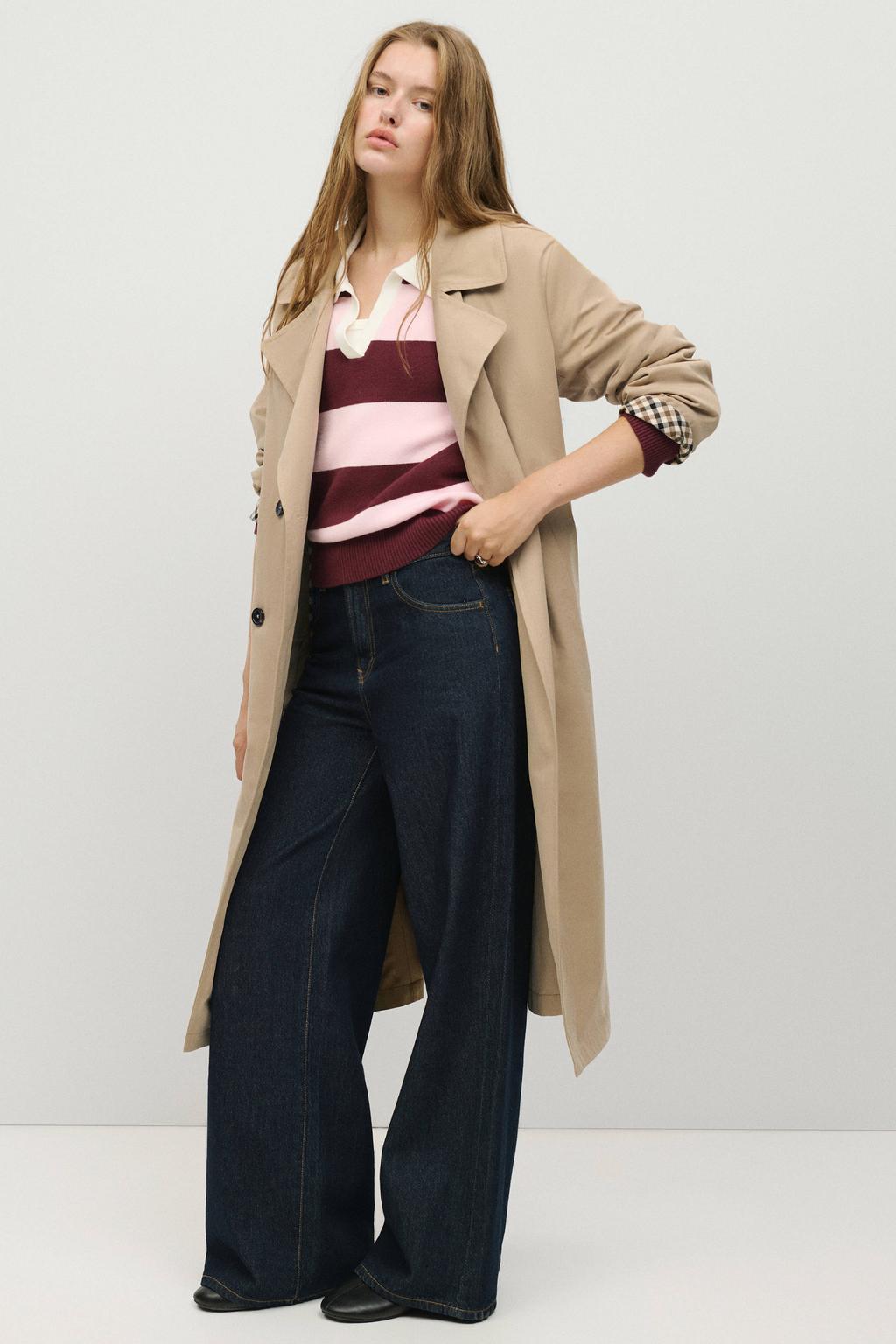 Beige meisjes MANGO TEEN trenchcoat van polyester met effen, lange mouwen, reverskraag, double breasted sluiting en ceintuur