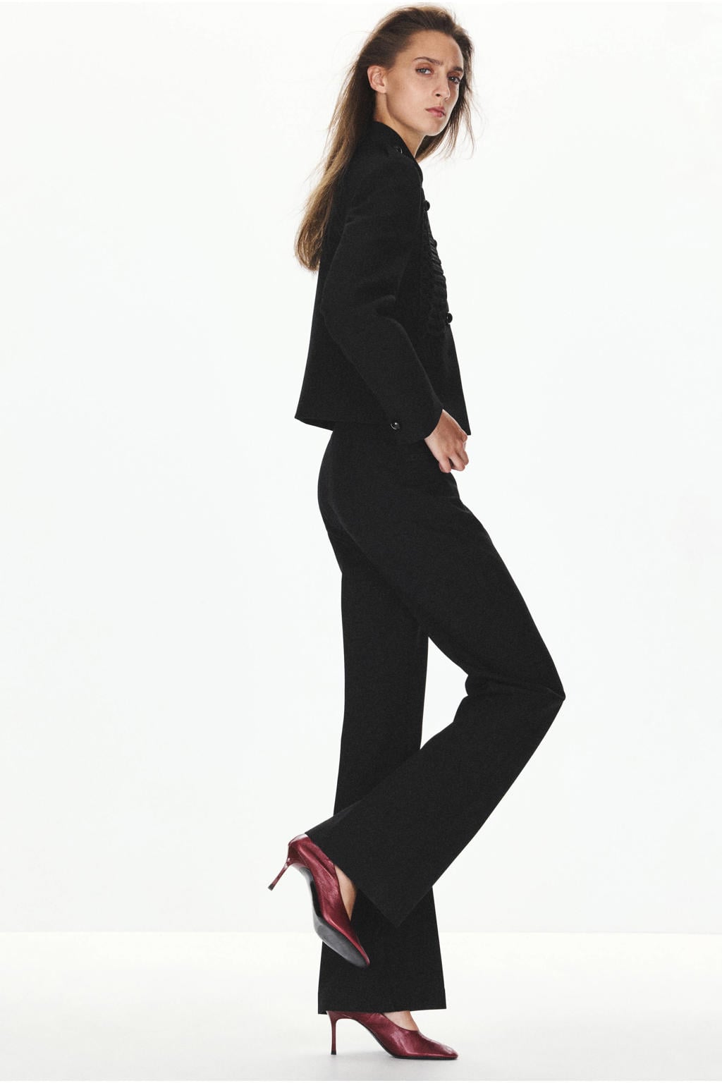 Zwarte dames Mango regular waist flared broek van polyester met ritssluiting en effen