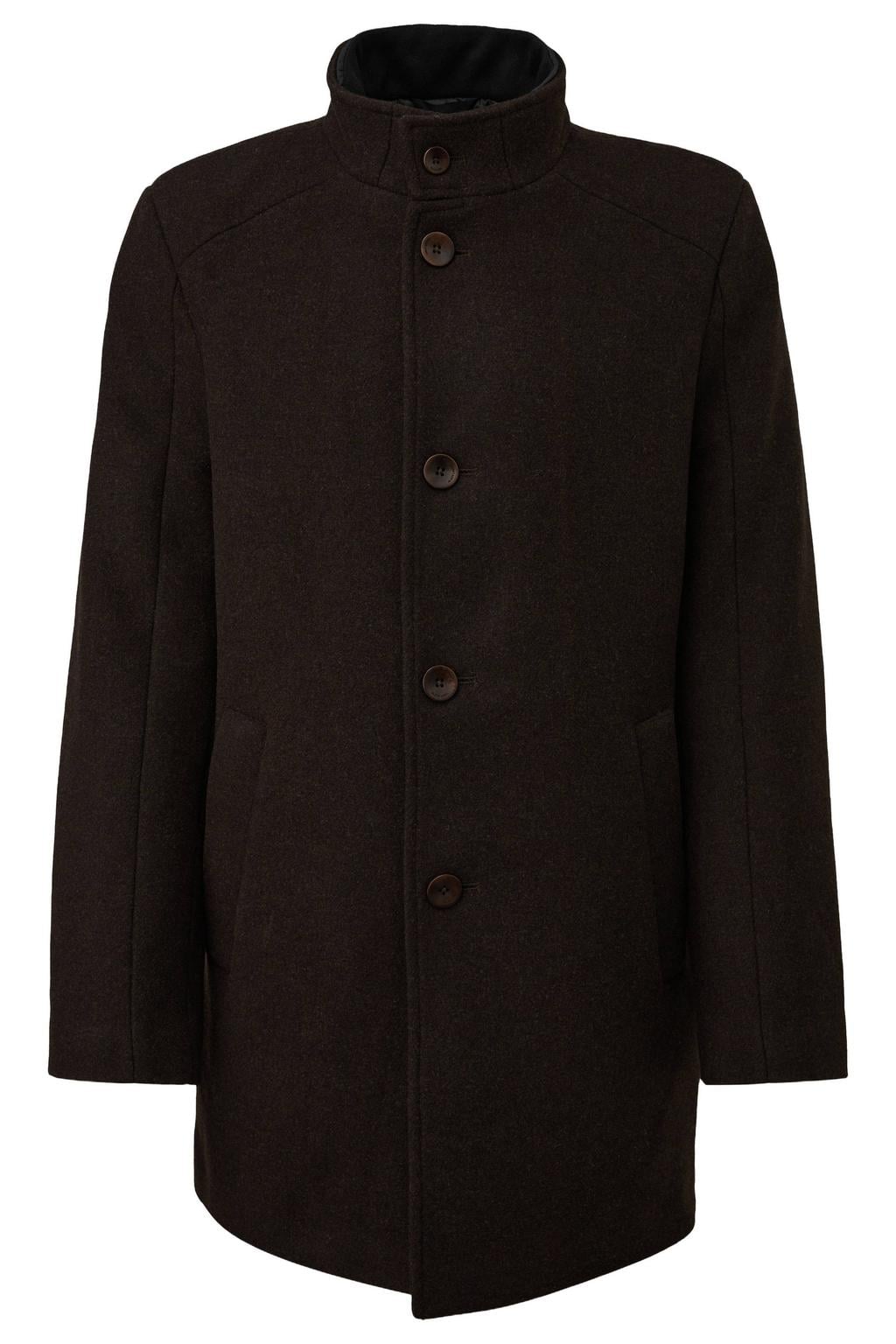 Bruine heren s.Oliver BLACK LABEL wollen twill tussenjas met effen, lange mouwen, opstaande kraag en knoopsluiting