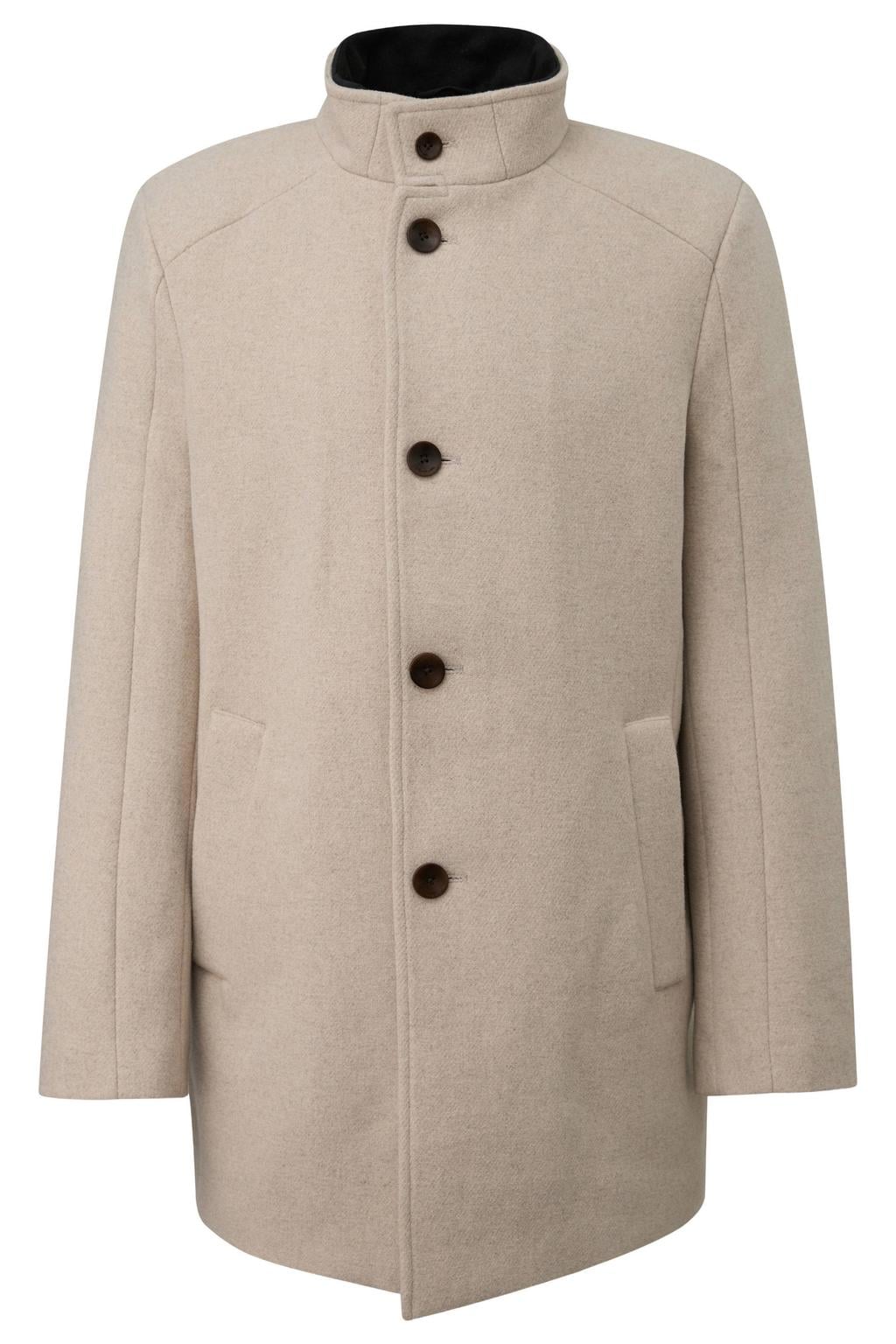 Beige heren s.Oliver BLACK LABEL wollen twill tussenjas met effen, lange mouwen, opstaande kraag en knoopsluiting