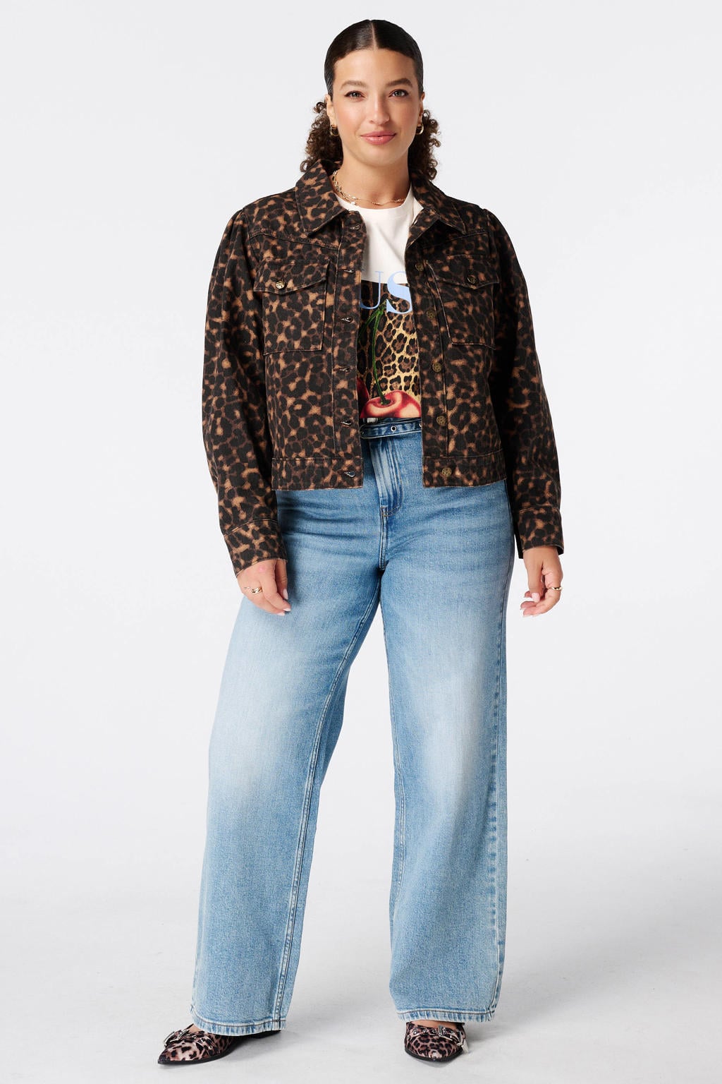 Bruin en beige dames MS Mode katoenen spijkerjas Plus Size met panterprint, lange mouwen en klassieke kraag