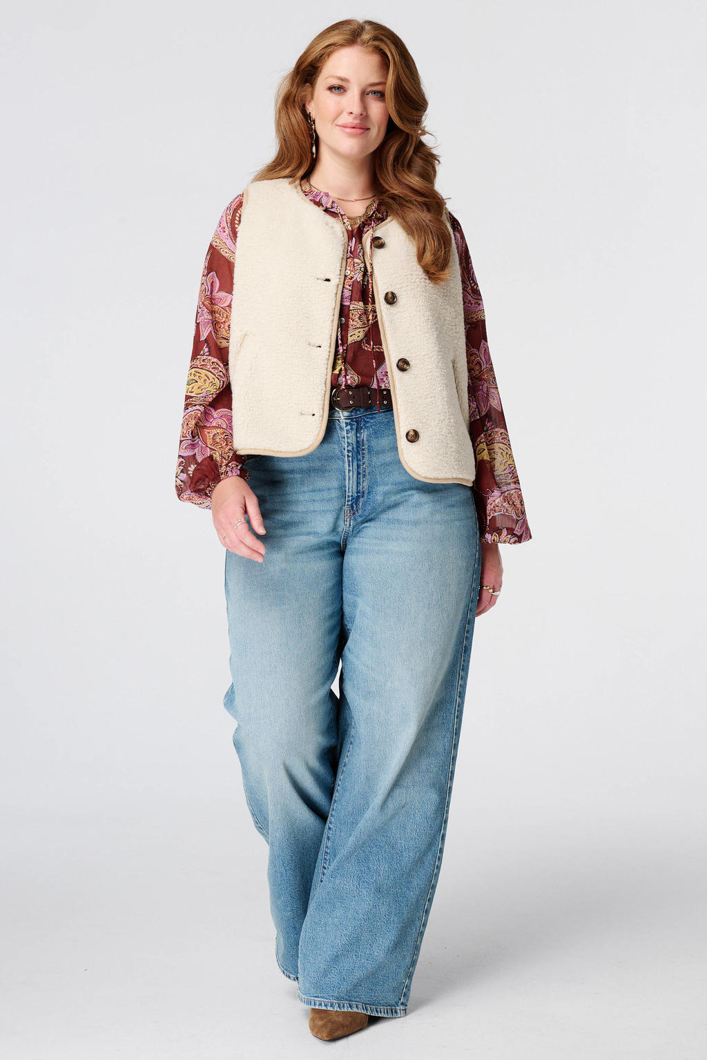 Ecru en beige dames MS Mode gilet Plus Size van polyester met effen en knoopsluiting