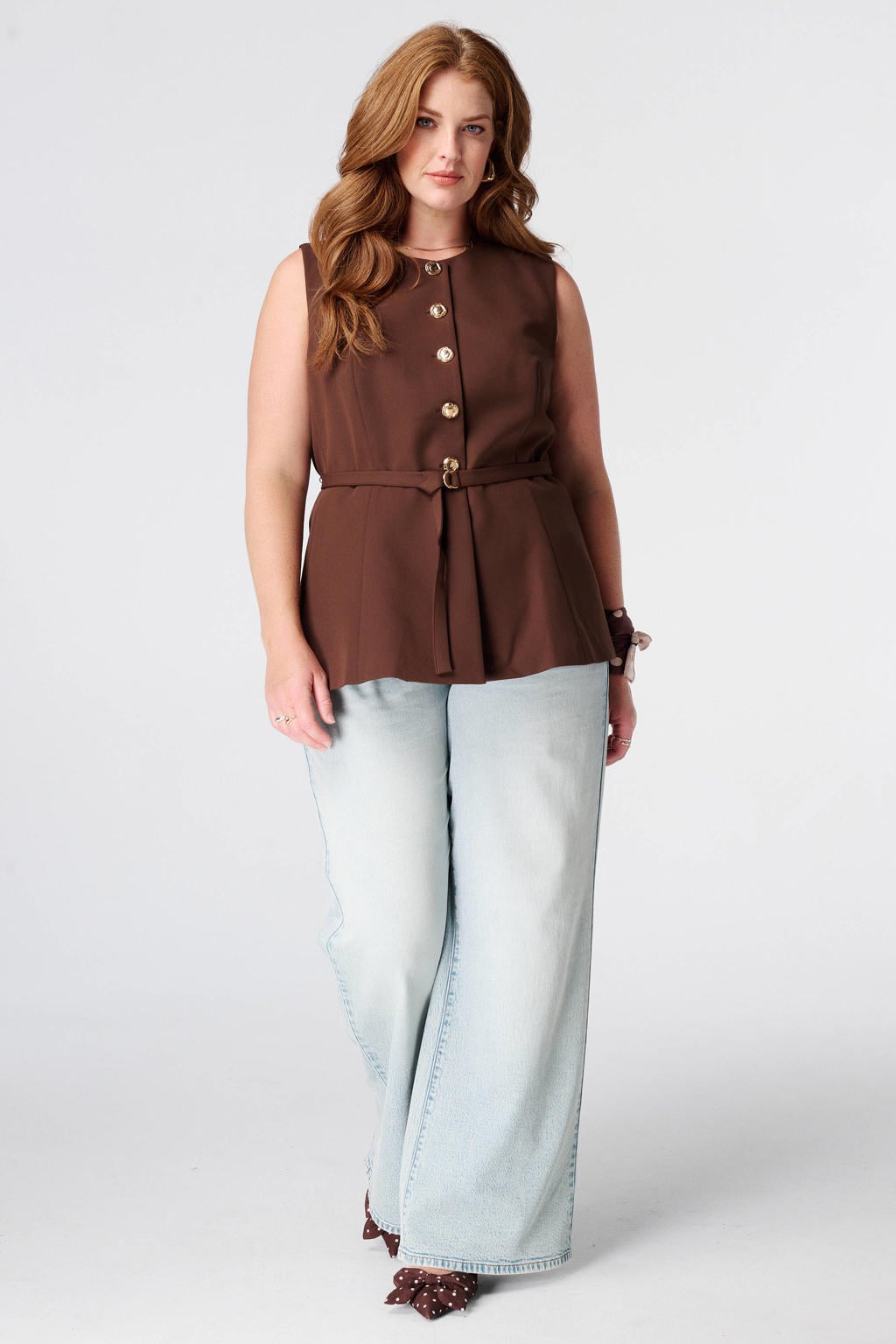 Bruine dames MS Mode gilet Plus Size van polyester met effen, knoopsluiting en ceintuur