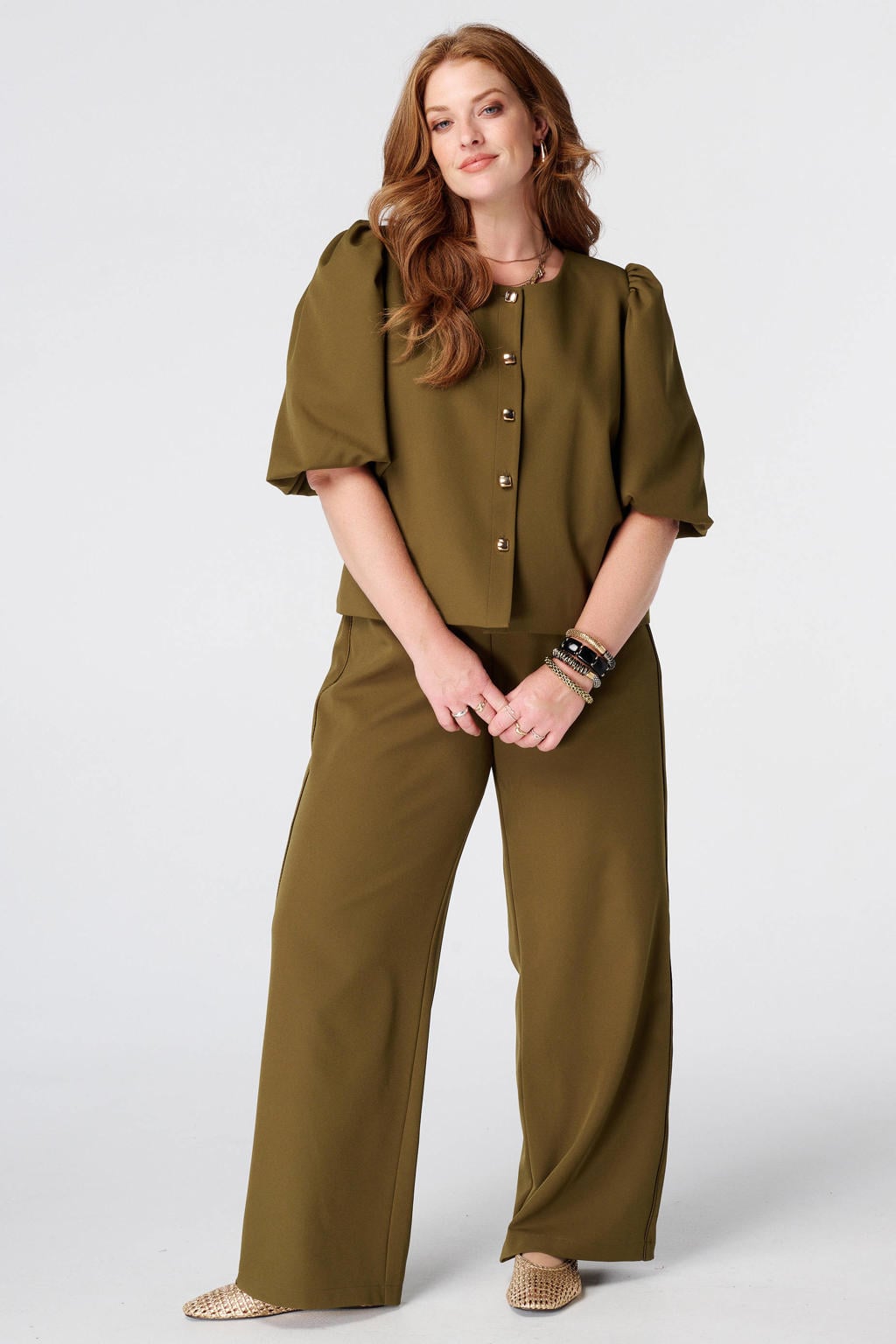 Olijfgroene dames MS Mode top Plus Size van polyester met effen en driekwart mouwen