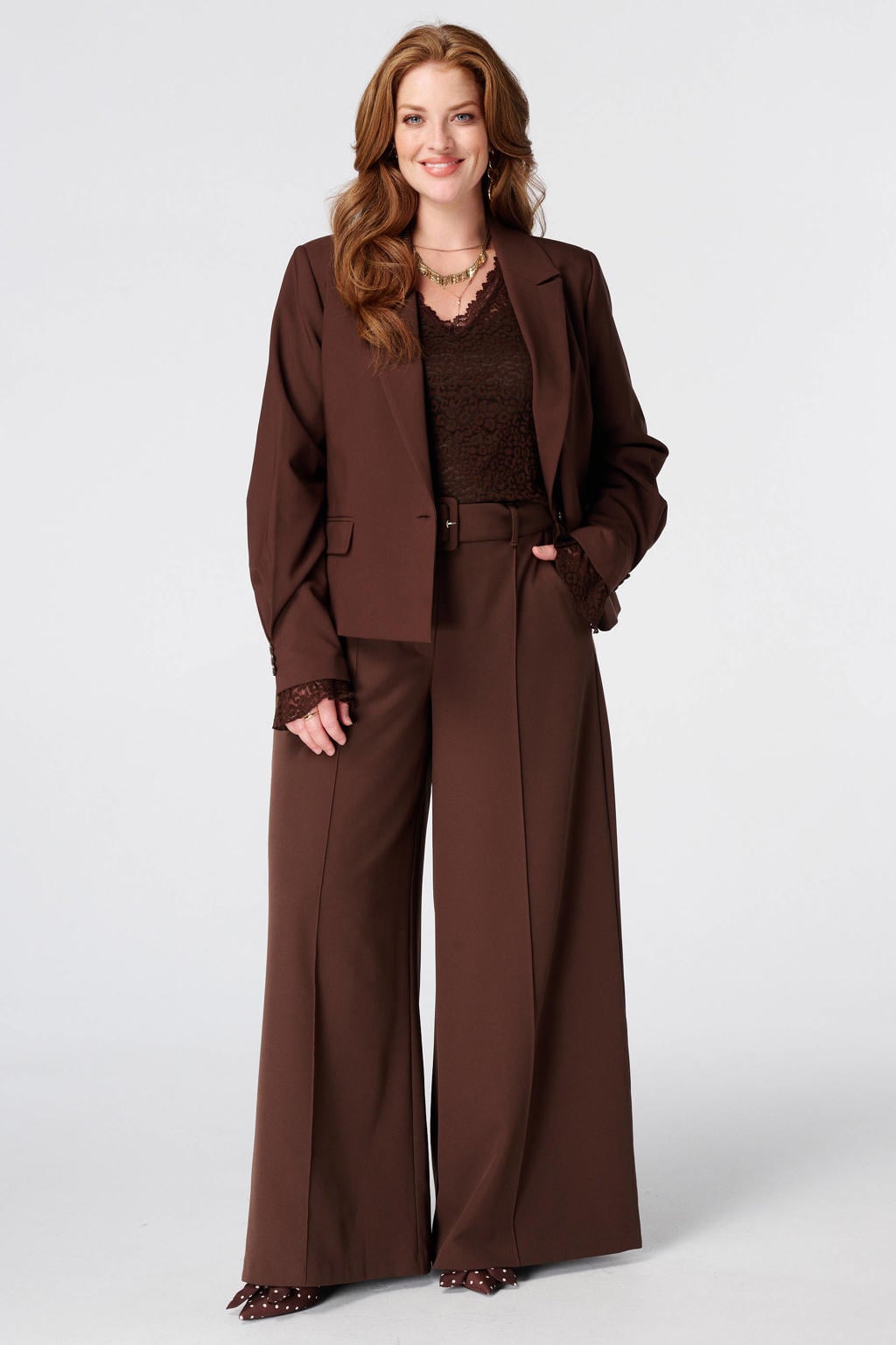 Bruine dames MS Mode Plus Size cropped blazer van polyester met effen, lange mouwen, reverskraag en knoopsluiting