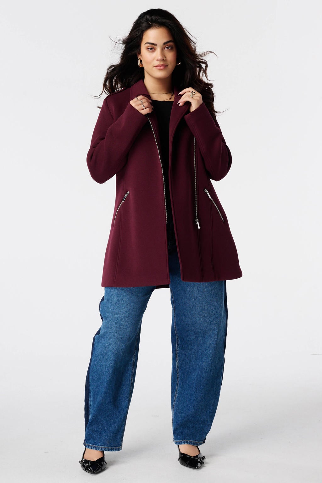 Donkerrode dames MS Mode Plus Size manteljas van polyester met effen, lange mouwen en klassieke kraag