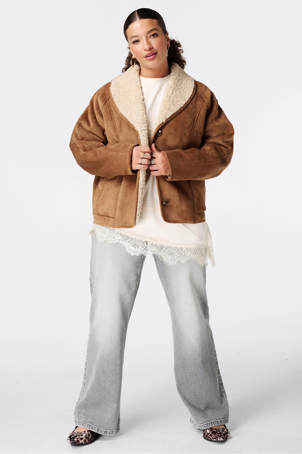 Cognackleurige dames MS Mode Plus Size winter lammy coat met effen, lange mouwen en klassieke kraag