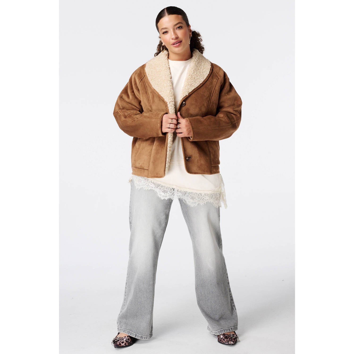 MS Mode Plus Size winter lammy coat cognac