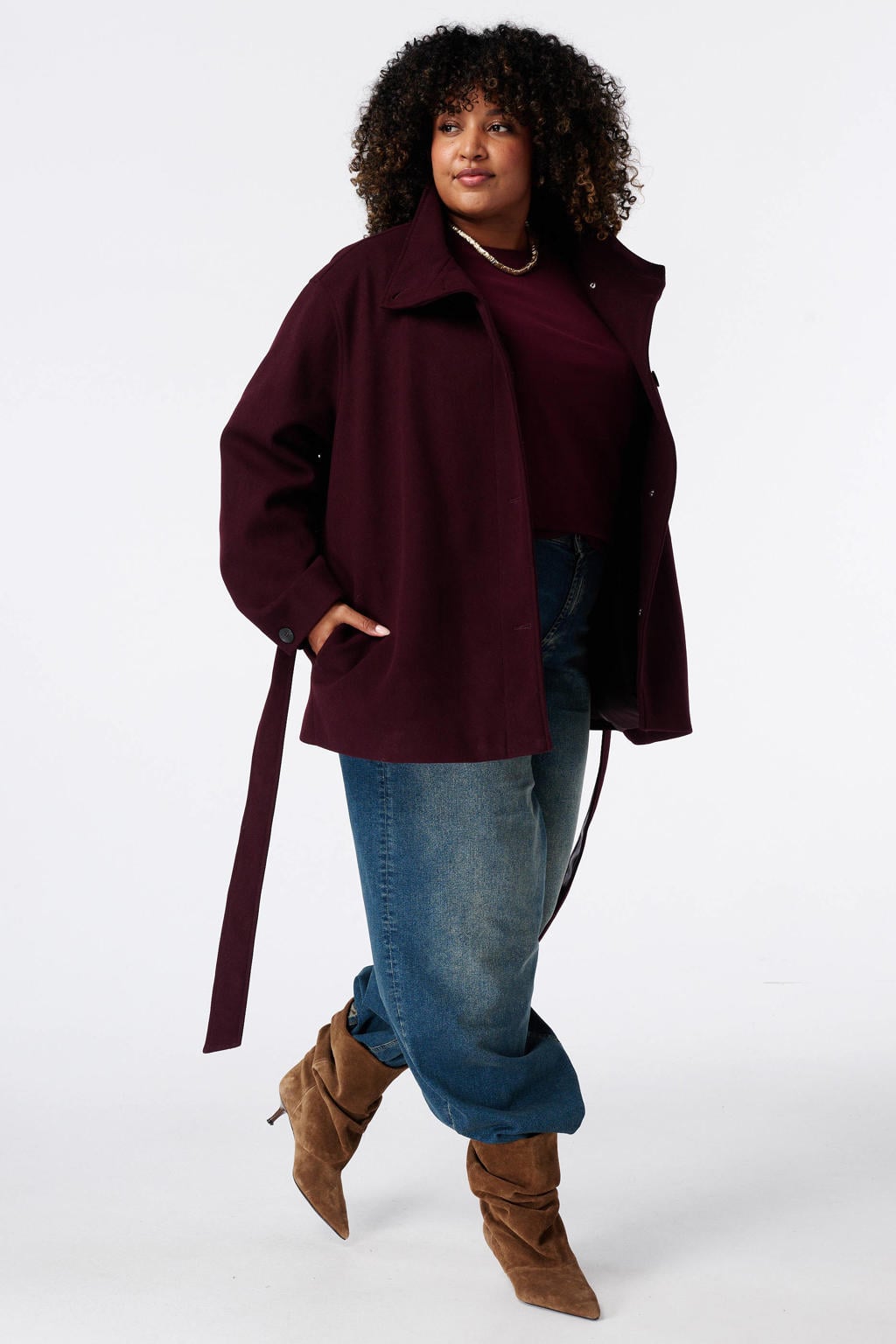 Donkerrode dames MS Mode Plus Size winterjas van acryl met effen, lange mouwen, klassieke kraag en ceintuur