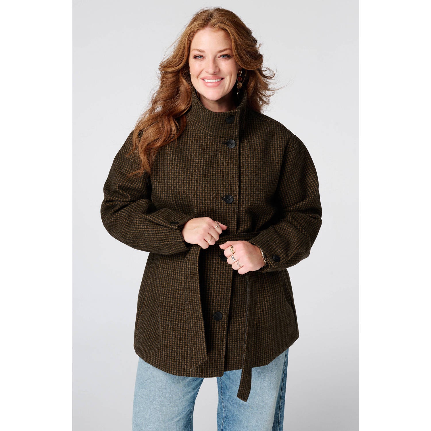 MS Mode Plus Size geruite manteljas met ceintuur bruin